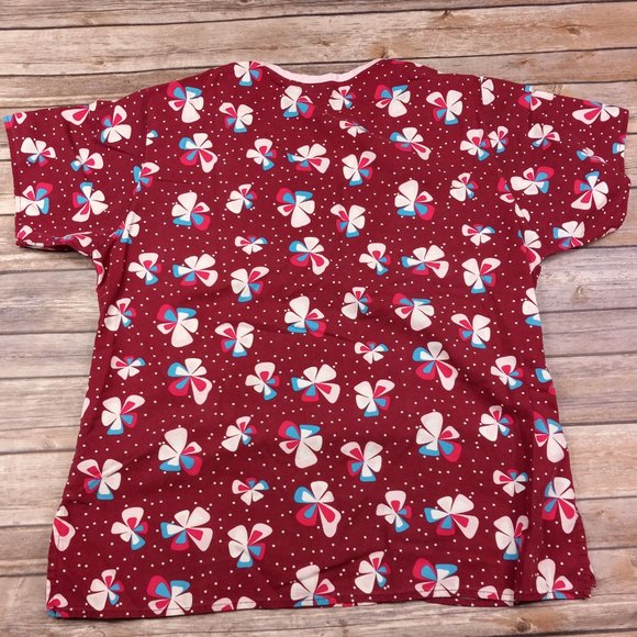 Dickies Small Scrub Top Dark Red Floral Polka Dots - Picture 5 of 6